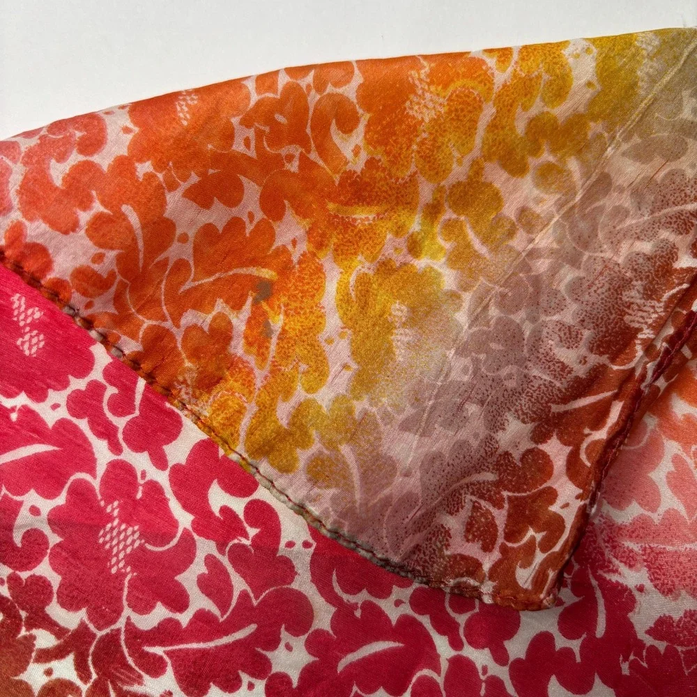 VTG Floral Silk Rectangle Scarf Ombre Red Orange Yellow Sunset Print Sheer Fairy